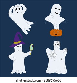 A set of charming ghosts for halloween on dark blue backdrop