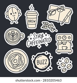 A set of charming, hand-drawn coffee-themed stickers featuring various elements like a coffee bean character, a to-go cup, a latte art mug, coffee beans, a coffee machine, and text phrases like Brew, Stay Caffeinated, and Buzz. Also included are a notebook with glasses and a pen, coffee cherries, and a breakfast plate with a fried egg.