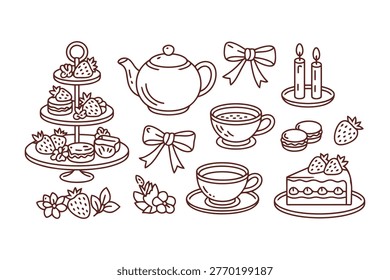 Set of charming hand-drawn tea party icons. Includes teapot, cups, cake stand with treats, macarons, strawberries, candles, and bows for elegant celebrations.