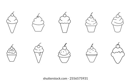 Set of Charming Ice Cream with Cherry Art Design. Ideal for Sweet Treat Designs