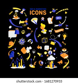 Conjunto de encantadores iconos sobre SEO y Marketing. Vector. Ventas de bienes en Internet. Estadísticas de datos de ventas. Iconos y distintivos sobre fondo negro. Tema oscuro para dispositivos móviles.
