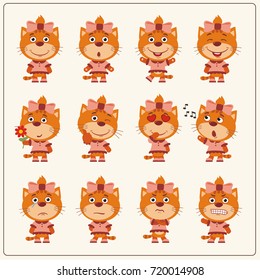 Set of charming little cat girl in various poses in cartoon style.