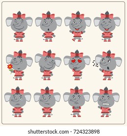 Set of charming little elephant girl in various poses in cartoon style.