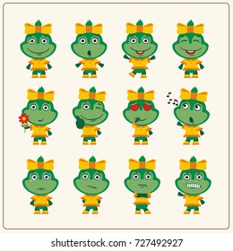 Set of charming little frog girl in various poses in cartoon style.