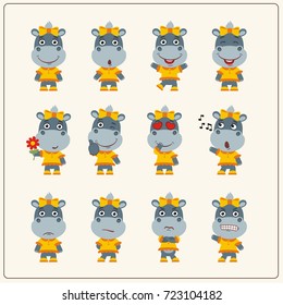 Set of charming little hippo girl in various poses in cartoon style.