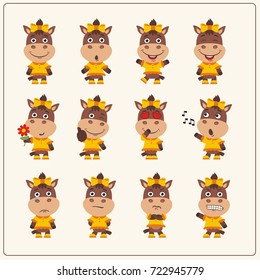 Set of charming little horse girl in various poses in cartoon style.