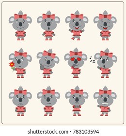 Set of charming little koala girl in various poses in cartoon style.