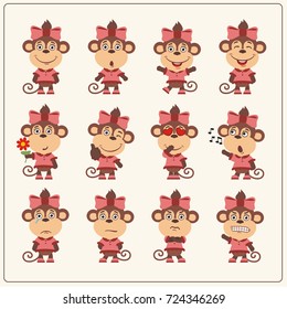 Set of charming little monkey girl in various poses in cartoon style.