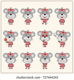 Set of charming little mouse girl in various poses in cartoon style.