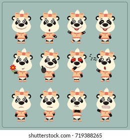 Set of charming little panda bear girl in various poses in cartoon style.