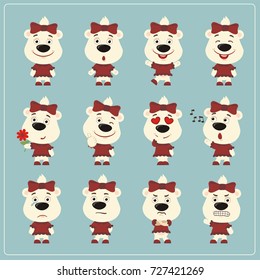 Set of charming little polar bear girl in various poses in cartoon style.