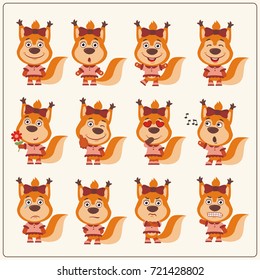 Set of charming little squirrel girl in various poses in cartoon style.