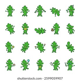 Set of charming oak leaf characters showing different emotions and performing various activities for creative decoration, festive designs, for yours cheerful illustrations, and artistic projects