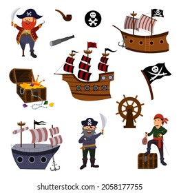 a set of charming pirates, a sailing ship, a treasure chest isolated on a white background. Children's vector illustration in a flat cartoon style