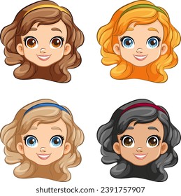 A set of charming princess heads depicted in vibrant vector art