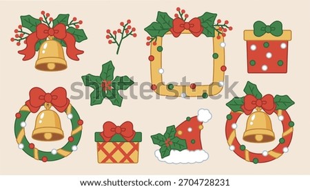 A set of charming, rounded cartoon Christmas clip art with clear outlines. Includes a wreath, photo frame, gold bell, bow, holly, and Santa hat in classic red, green, and gold colors.