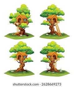 Set of charming tree houses with different features like a swing, ladder, and open space in nature. Vector cartoon illustration