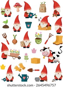 Set of Charming Woodland Gnomes Engaged in Garden Activities

