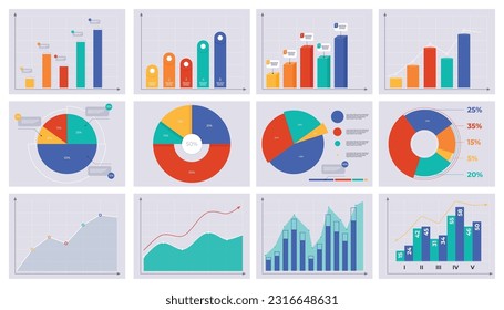 Set of chart graphs. The concept of business data analysis, presentation, financial analytics. Vector illustration