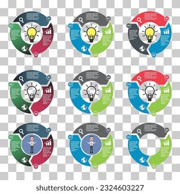 Conjunto de icono de plantilla de trabajo gráfico infográfico, diagrama circular, ilustración de vector de visualización.