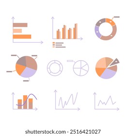 Set von Chart-Layouts in verschiedenen Formen in Pastellfarben für Präsentationen, Schularbeiten, Webdesign. Symbole von Balken, Kreisen, Liniendiagrammen auf weißem, isoliertem Hintergrund zur Visualisierung von Berichten.