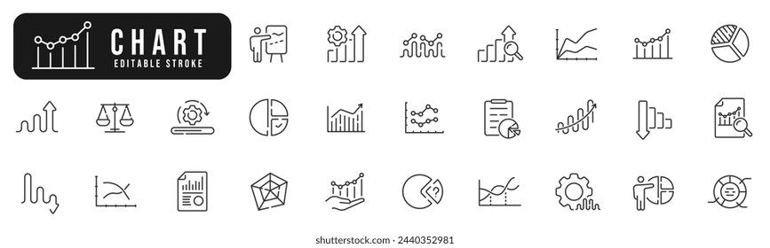 Set of chart line icons. Graph, diagram, bar, pie, report etc. Editable stroke