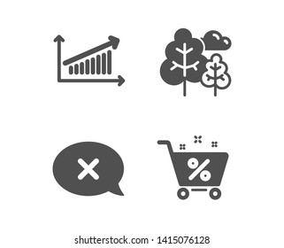 Set of Chart, Reject and Tree icons. Loan percent sign. Presentation chart, Delete message, Forest plants. Shopping cart.  Classic design chart icon. Flat design. Vector