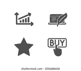 Set of Chart, Star and Copyright laptop icons. Buying sign. Presentation chart, Best rank, Writer device. E-commerce shopping.  Quality design elements. Classic style. Vector