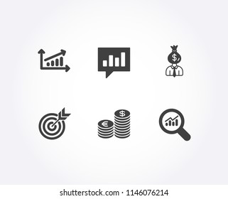 Set of Chart, Target and Currency icons. Manager, Analytical chat and Data analysis signs. Presentation chart, Targeting, Euro and usd. Work profit, Communication speech bubble, Magnifying glass