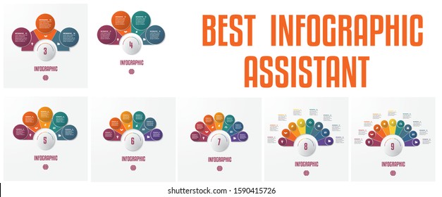Set Chart Template  Elements Infographics Conceptual Cyclic Processes for 3,4,5,6,7,8,9 Positions Possible to Use for Workflow, Banner, Diagram, Web design, Timeline, Area chart,Number options 