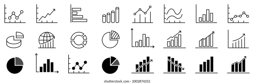 A set of charts and graphs related vector icons for your design. Graphics and statistics icons set. Collection of simple linear web icons, 3-D charts, line charts, candlesticks, combined, bar charts, 
