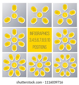 Set Charts .  Infographic yellow Points arranged in sun circle,  elements for diagram with 3, 4, 5, 6, 7, 8, 8, 9, 10 steps, options, parts, processes. Universal vector template for presentation