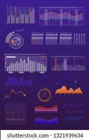 Set of charts, infographics elements, financial chart. 
Network management data screen with charts and radial diagrams. 
Interface screen with colored infographic illustration. Vector Illustration.