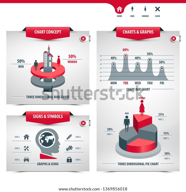 set of charts and statistics containing\
graphs, signs and symbols, info graphic elements, icons, 3d charts,\
shape bar chart, pie chart, ring chart, line graph, globe shape,\
eps10 vector illustration