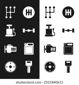 Set Chassis car, Car air pump, Gear shifter, Check engine, Canister for gasoline, key with remote and  icon. Vector