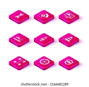 Ajuste el coche del chasis, la rueda de aleación, el estado de diagnóstico de, el enchufe de la chispa del coche, con el protector, el cono de tráfico y el icono de la pinza de freno del disco de freno. Vector