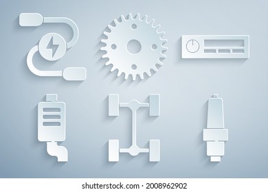 Set Chassis car, Car Audio, muffler, spark plug, Gear and battery jumper power cable icon. Vector