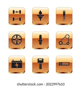 Set Chassis car, Car battery, key with remote, spark plug, Alloy wheel, Shock absorber, Audio and Funnel and oil drop icon. Vector