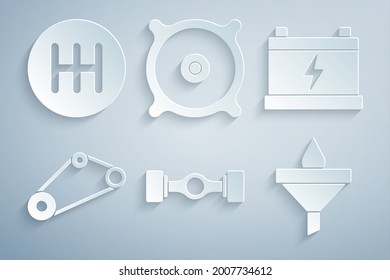 Ajuste el coche del chasis, la batería del coche, el kit del cinturón de tiempo, la caída de embudo y aceite, el altavoz de sonido y el icono del selector de velocidades. Vector