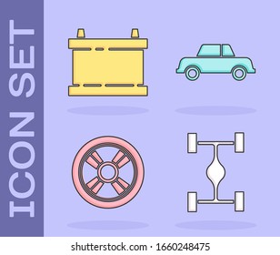 Set Chassis car, Car battery, Car wheel and Car icon. Vector