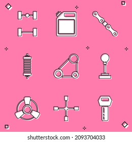 Set Chassis car, Canister for gasoline, Car chain, Shock absorber, Timing belt kit, Gear shifter, motor ventilator and Wheel wrench icon. Vector