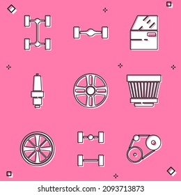 Set Chassis car, Car door, spark plug, Alloy wheel, air filter,  and  icon. Vector
