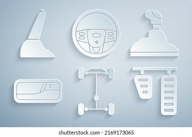 Fahrgestell-Auto, Getriebe-Shifter, Autotürgriff, Gasbremse-Pedale, Lenkrad und Handbremssymbol einstellen. Vektorgrafik
