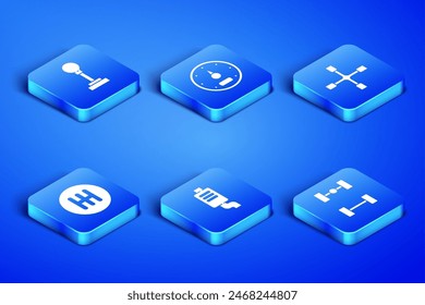 Set Chassis car, Gear shifter, Car muffler, Speedometer and Wheel wrench icon. Vector