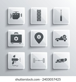Fahrgestell-Auto, Autoscheinwerfer, Auto-Service-Check Automobil, Lage mit, Paint-Spray-Gewehr, Werkzeugkasten, Motor-Check und Schraubendreher-Symbol. Vektorgrafik