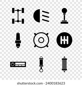 Set Chassis car, High beam, Gear shifter, Car Audio, Shock absorber, spark plug and audio speaker icon. Vector