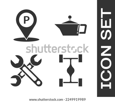 Set Chassis car, Location with parking, Wrench and Canister for motor machine oil icon. Vector