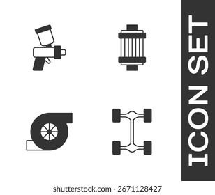 Conjunto de coche de chasis, pistola de pulverización de pintura, turbocompresor automotriz e icono de Filtrar de aire de coche. Vector