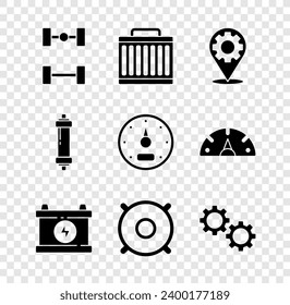 Set Chassis car, Car radiator cooling system, service, battery, audio speaker, Gear, Shock absorber and Speedometer icon. Vector