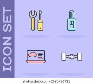 Conjunto de chasis de coche, destornillador y llave llave, diagnóstico de la condición y llave del coche con icono remoto. Vector
